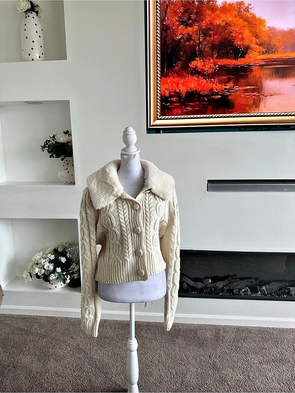 Altard'STATE Cable Knit Faux Fur Collar Cardigan Cream XXL Like New